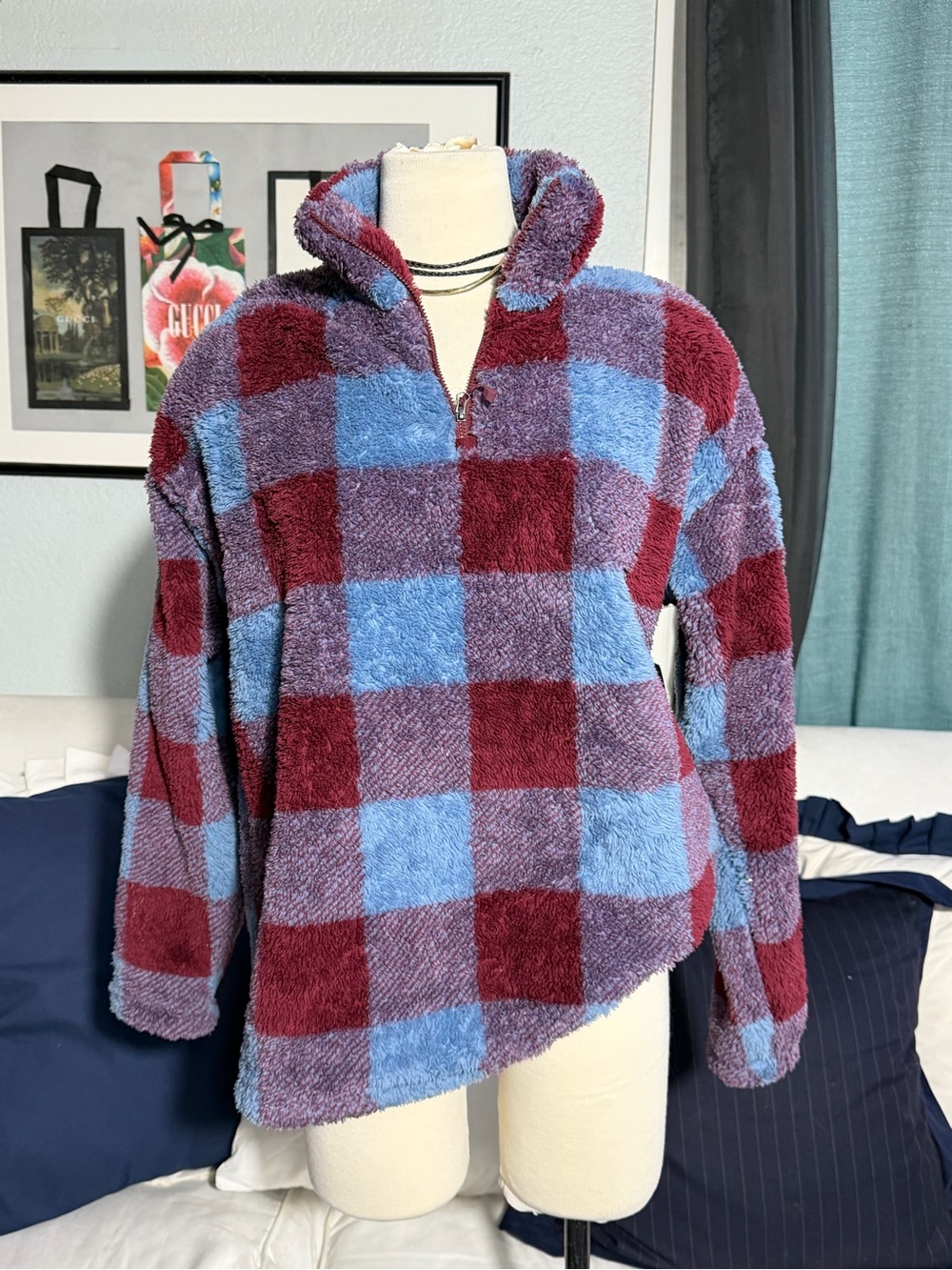 Eddie Bauer Plush Plaid Half-Zip Jacket in Blue & Burgundy NWT